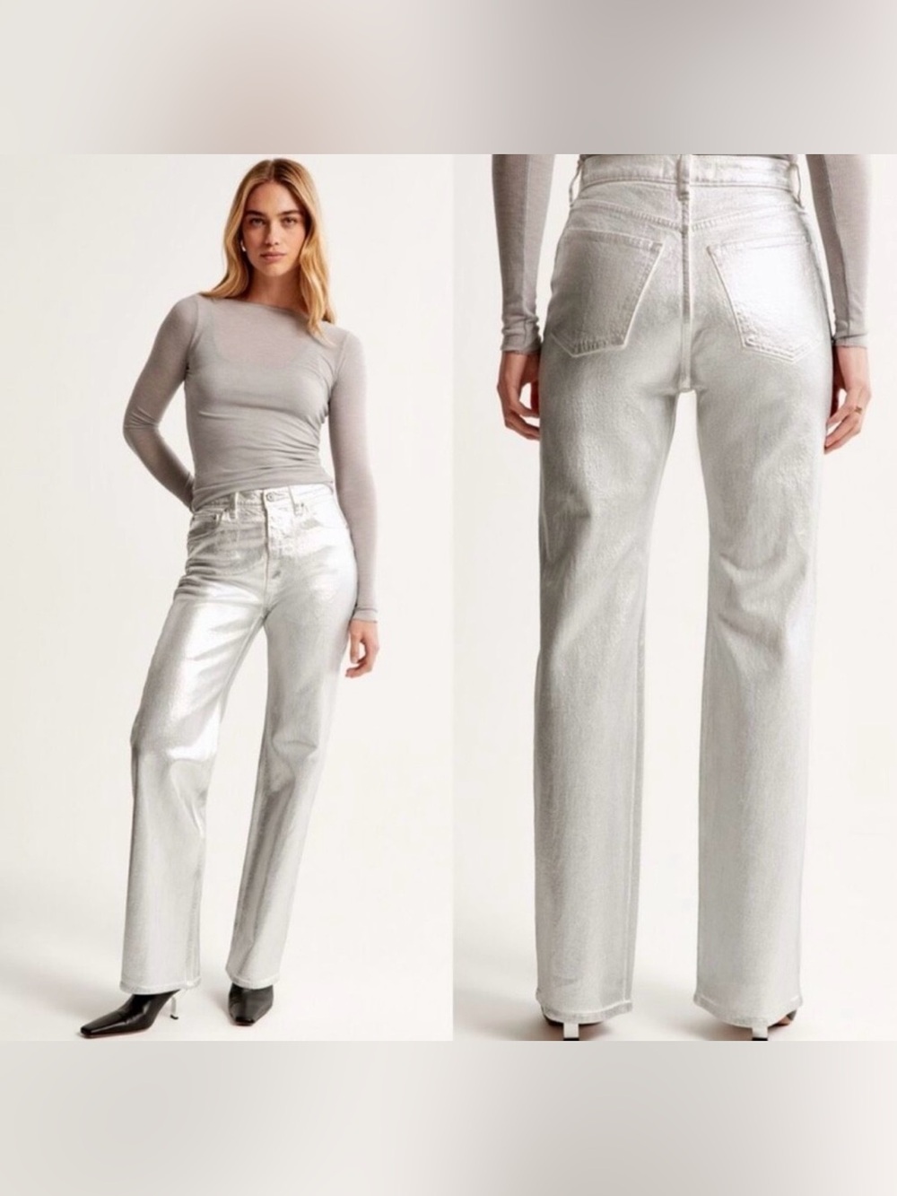 Abercrombie & Fitch|Metallic Silver Jeans 90’s relaxed CURVE LOVE-high rise•NWT